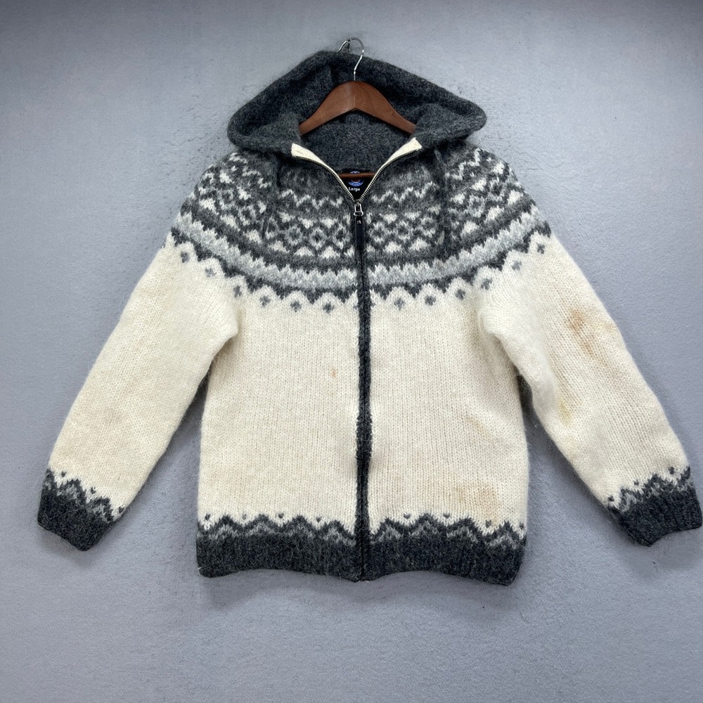 Icewear Skjoldur Full Zip Hooded Sweater Large White Gray Icelandic Wool Nordic
